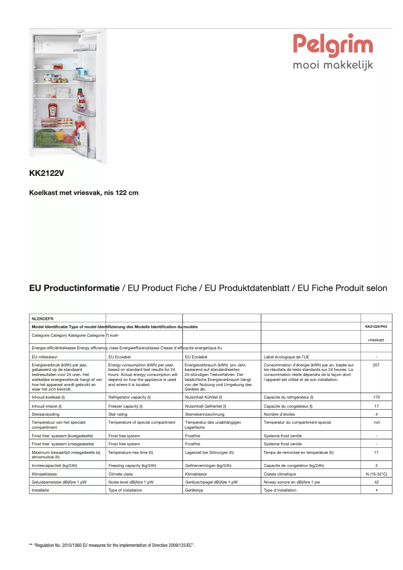 Página 1 del manual Ficha técnica Pelgrim KK2122V