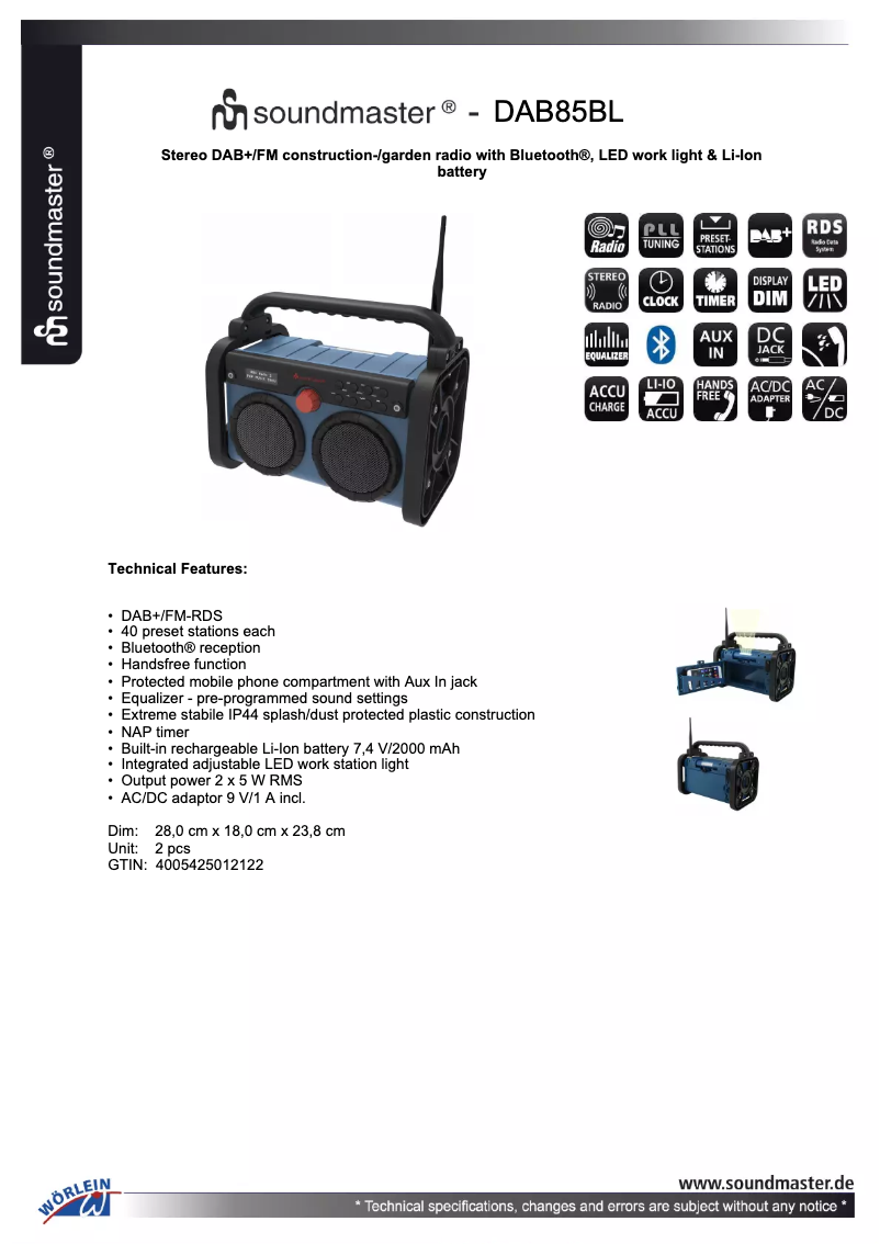 Page 1 de la notice Fiche technique Soundmaster DAB85