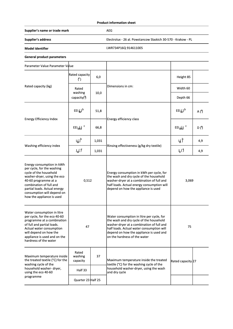 Página 1 del manual Ficha técnica AEG LWR734P16Q