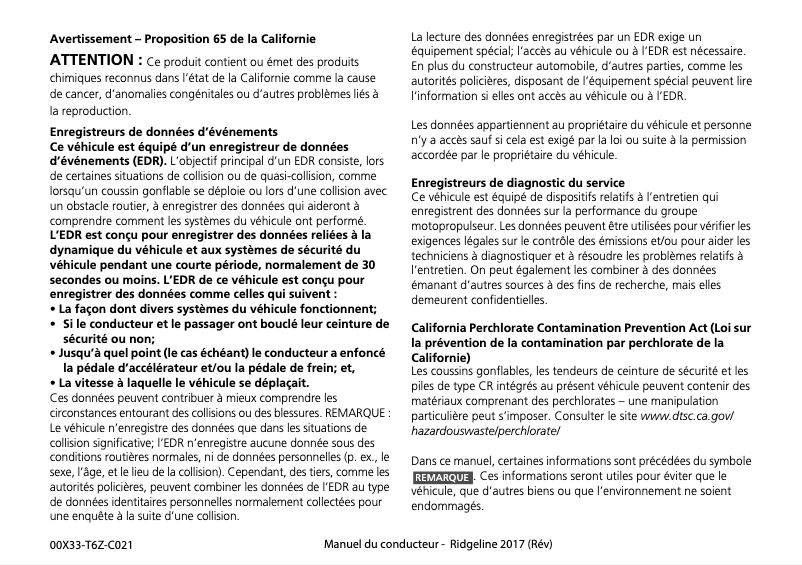 Page 1 de la notice Manuel utilisateur Honda Ridgeline (2017)