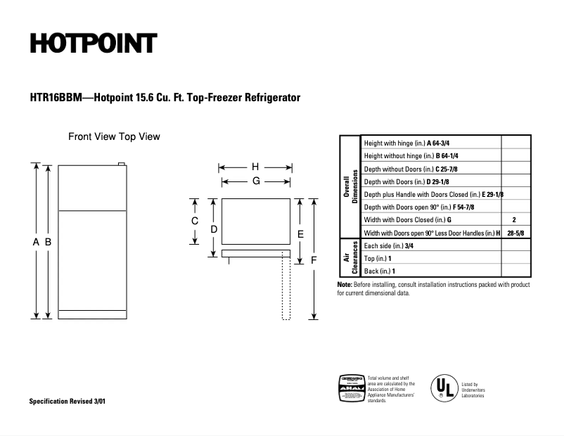 Page 1 de la notice Fiche technique Hotpoint HTR16BBMRCC