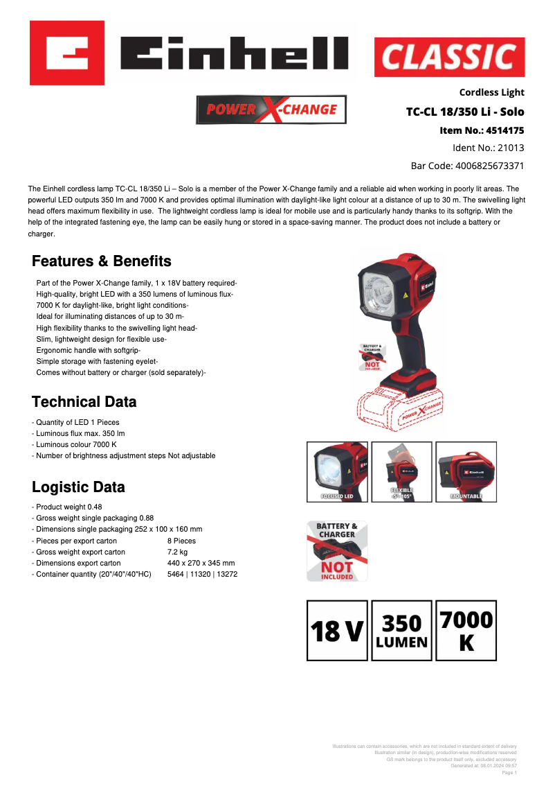 Page 1 de la notice Fiche technique Einhell TC-CL 18/350 Li