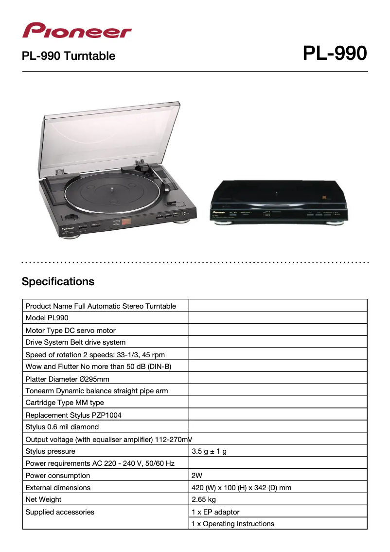 Page 1 de la notice Fiche technique Pioneer PL-990