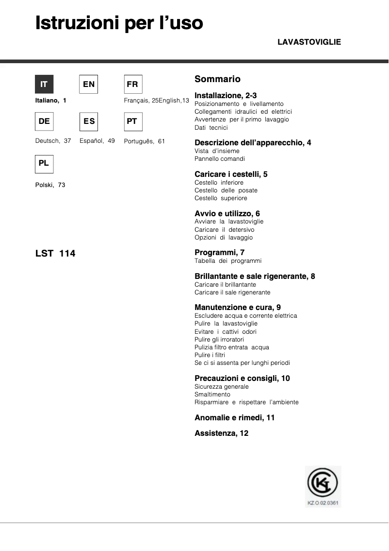 Page 1 de la notice Manuel utilisateur Hotpoint LST 114_HA