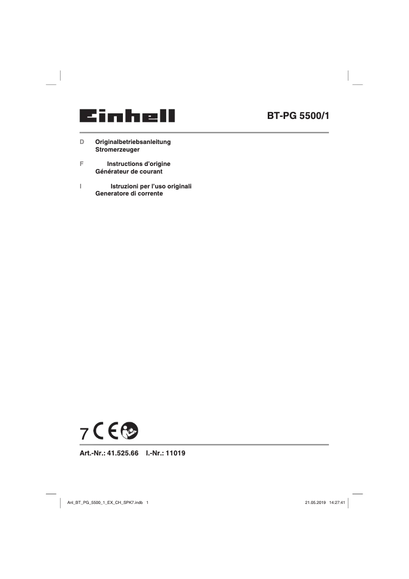 Page 1 de la notice Manuel utilisateur Einhell BT-PG 5500/1