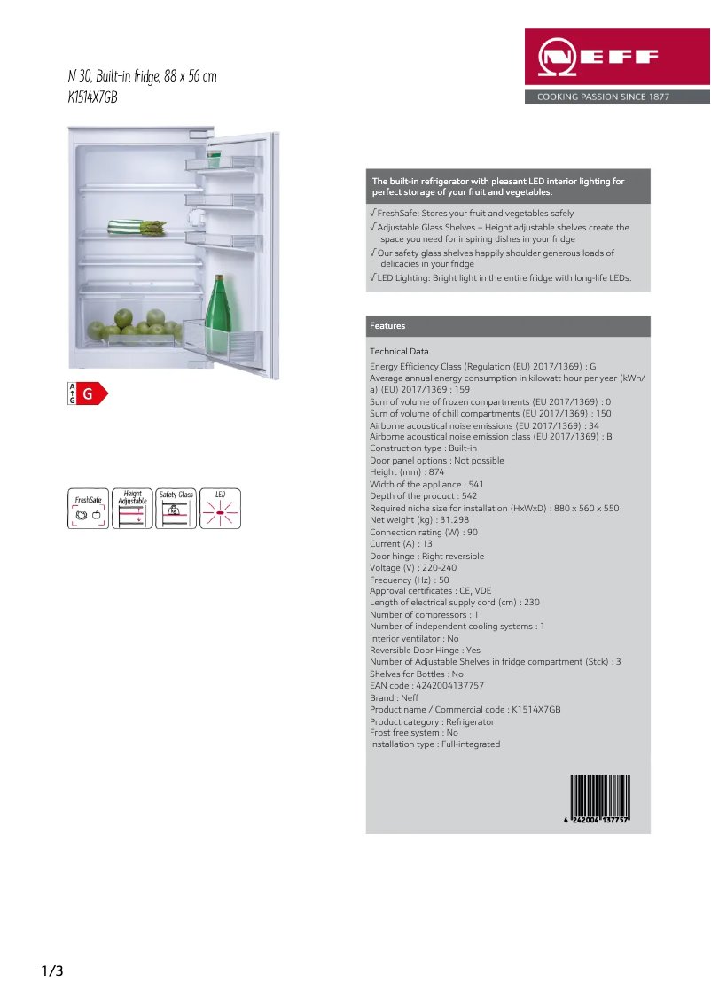 Page n°1 - Fiche technique Neff K1514X7GB