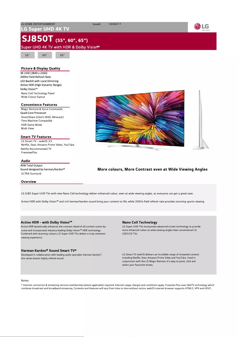 Página 1 del manual Ficha técnica LG 65SJ850T