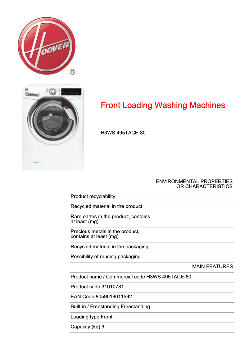 Page n°1 - Fiche technique Hoover H3WS 495TACE-80