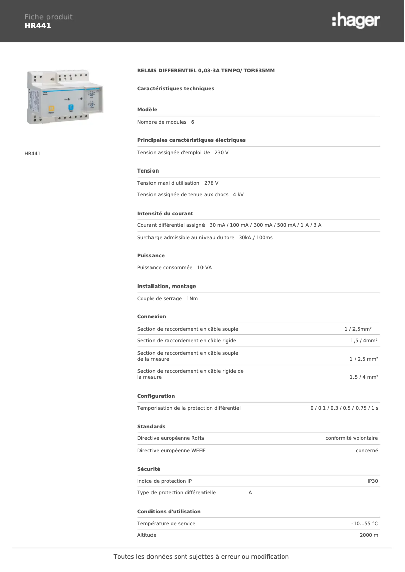 Page n°1 - Fiche technique Hager HR441
