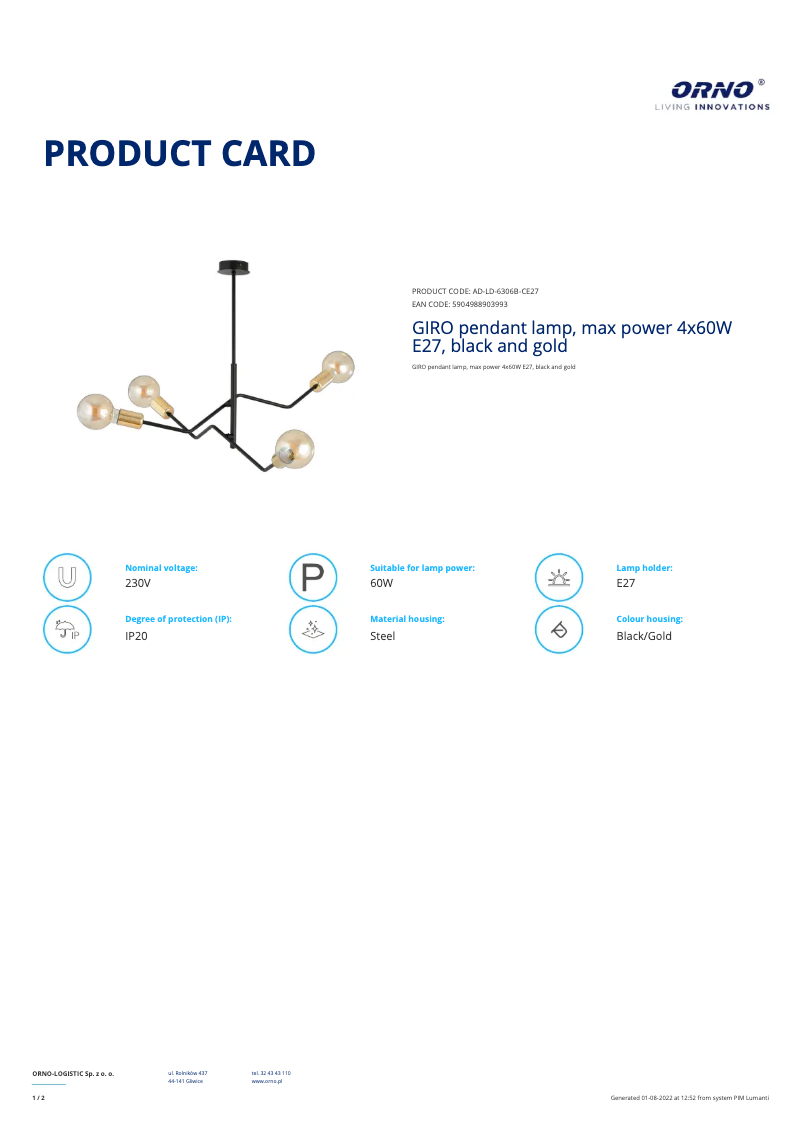 Page 1 de la notice Fiche technique Adviti AD-LD-6306B-CE27