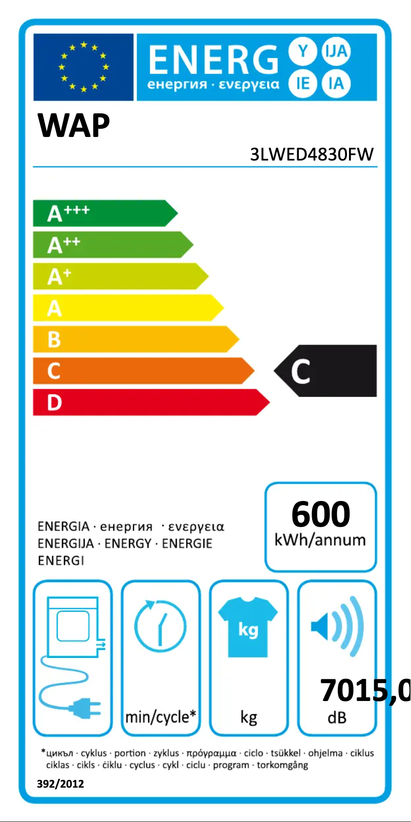 Page 1 de la notice Label énergétique Whirlpool 3LWED4830FW