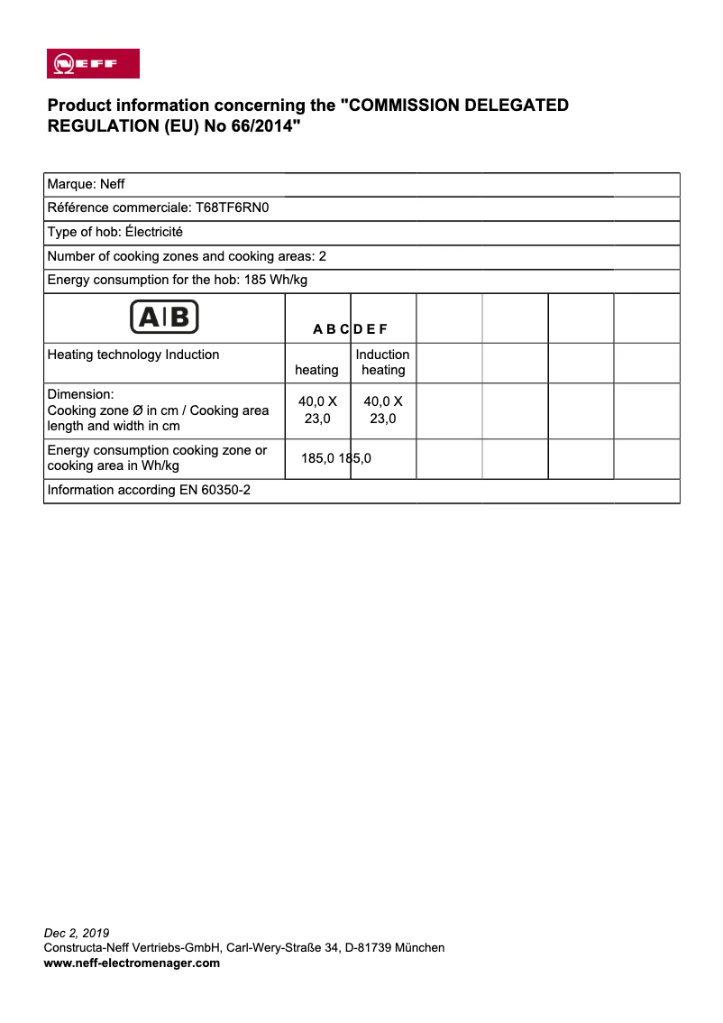 Page n°1 - Label énergétique Neff T68TF6RN0