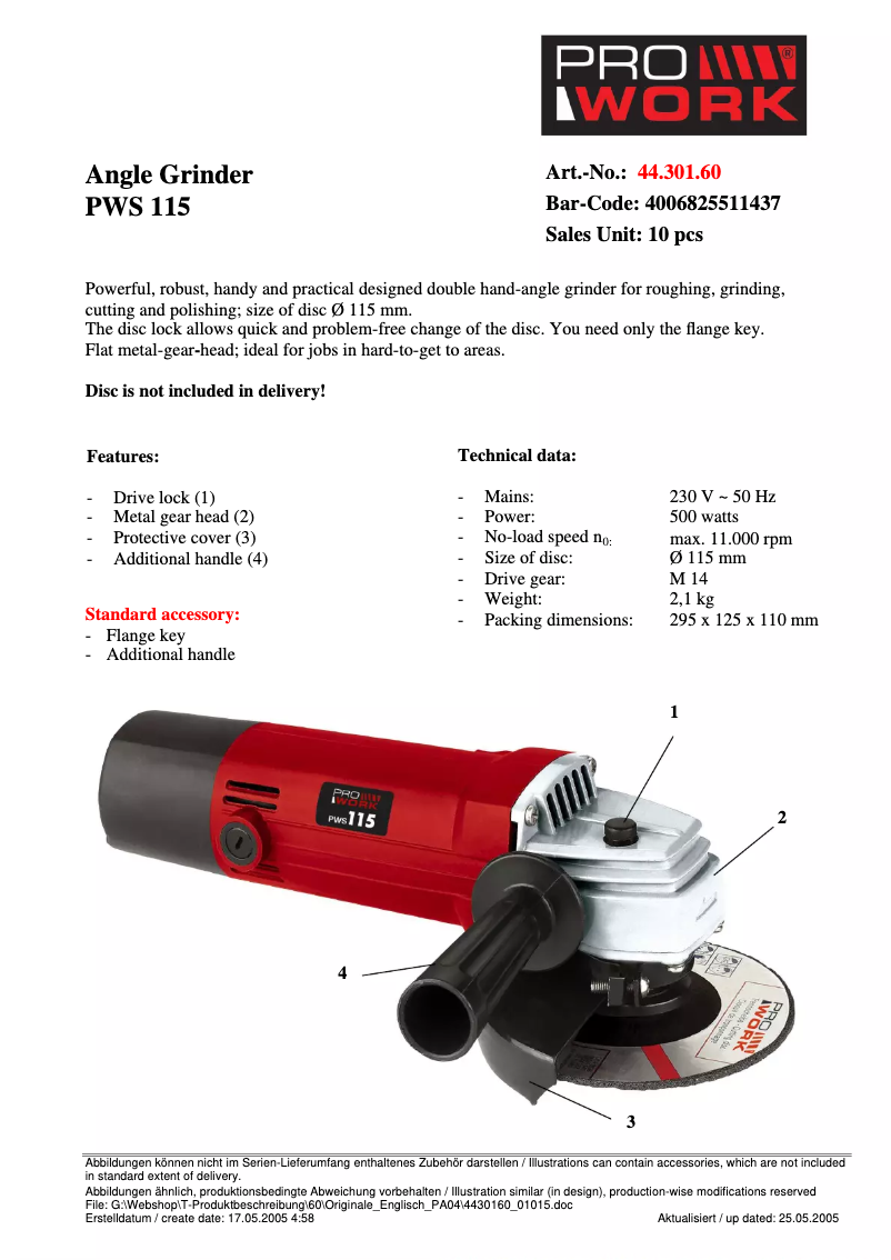 Page n°1 - Manuel utilisateur Prowork PWS 115