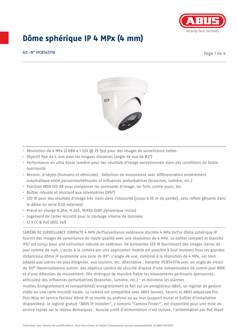 Page n°1 - Fiche technique Abus IPCB54511B