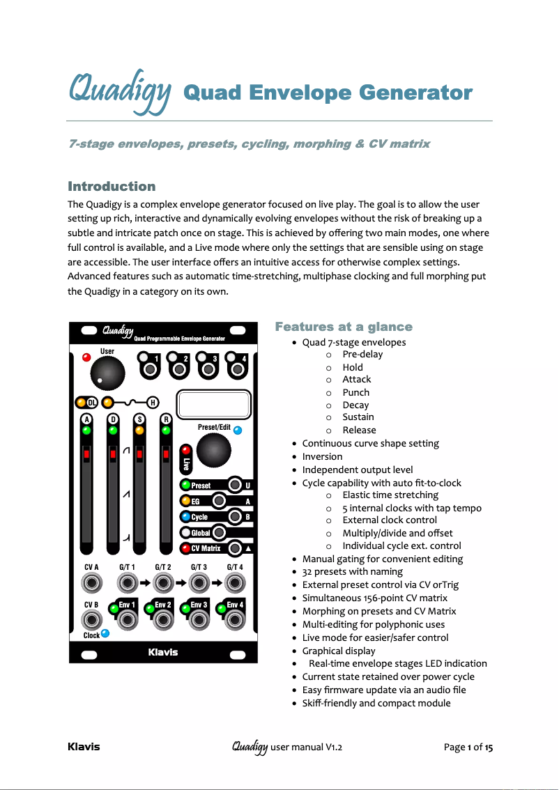 Page n°1 - Manuel utilisateur Klavis Quadigy
