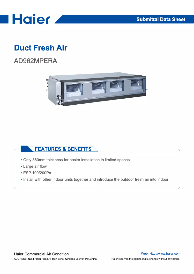 Page 1 de la notice Manuel utilisateur Haier AD962MPERA