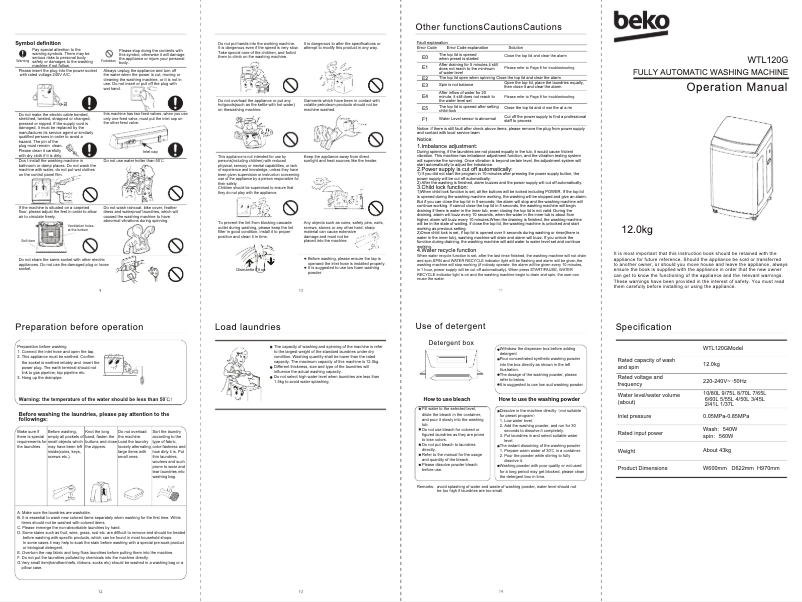 Page 1 de la notice Manuel utilisateur Beko WTL120G