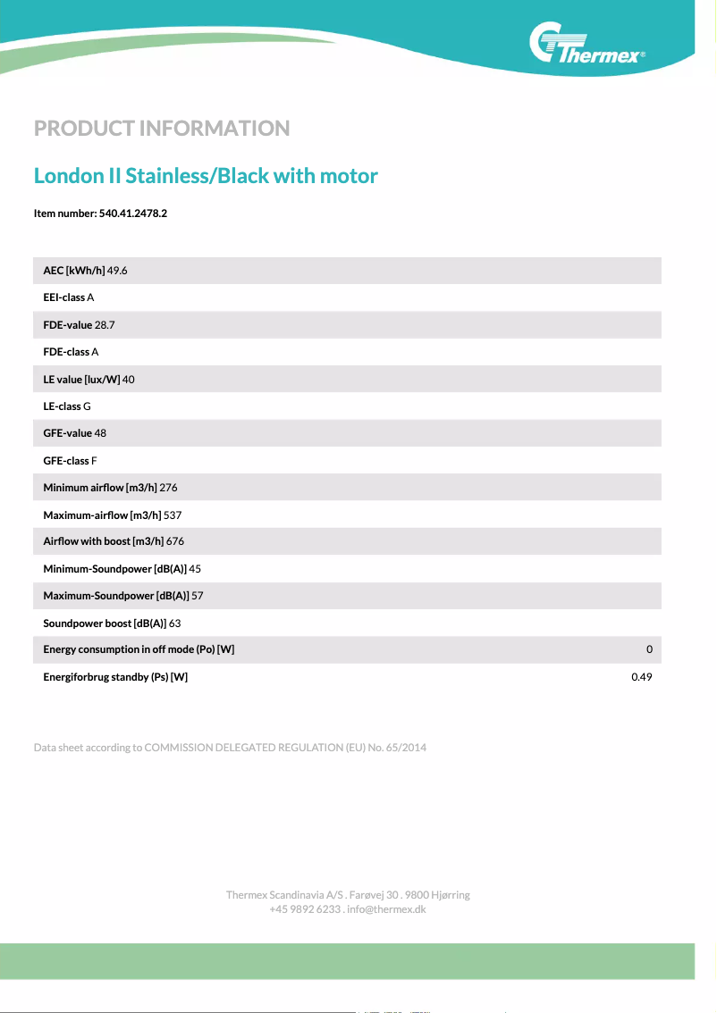 Page 1 de la notice Fiche technique Thermex London II