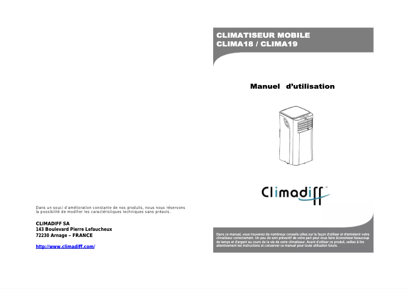 Page 1 de la notice Manuel utilisateur Climadiff Clima 19