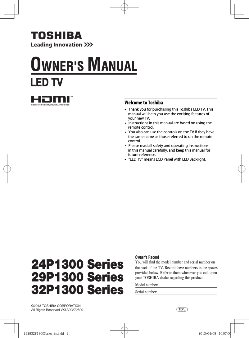 Page 1 de la notice Manuel utilisateur Toshiba P1300