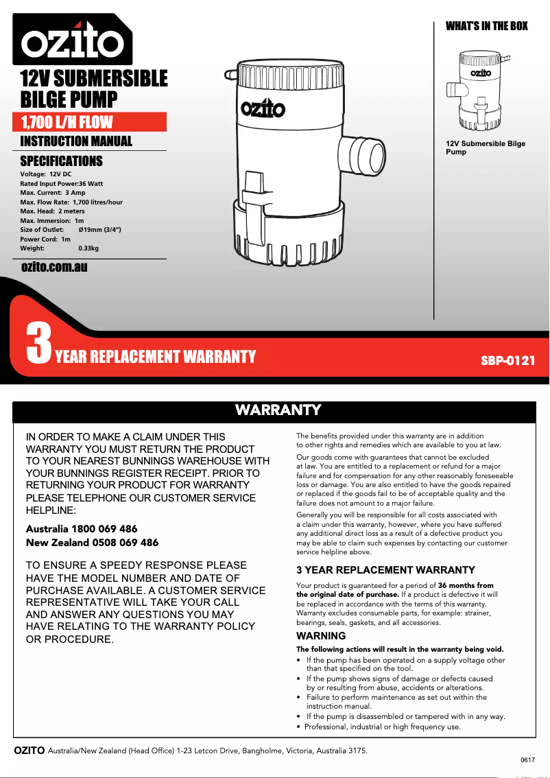 Page 1 de la notice Manuel utilisateur Ozito SBP-0121