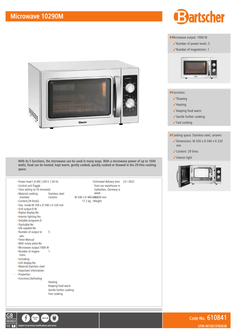 Página 1 del manual Ficha técnica Bartscher 10290M