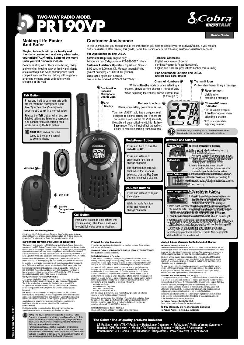 Page n°1 - Manuel utilisateur Cobra MicroTalk PR190VP
