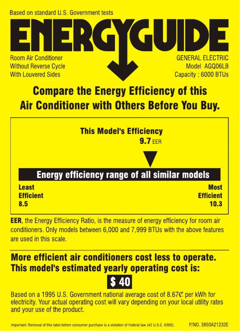 Page 1 de la notice Label énergétique GE AGQ06LB