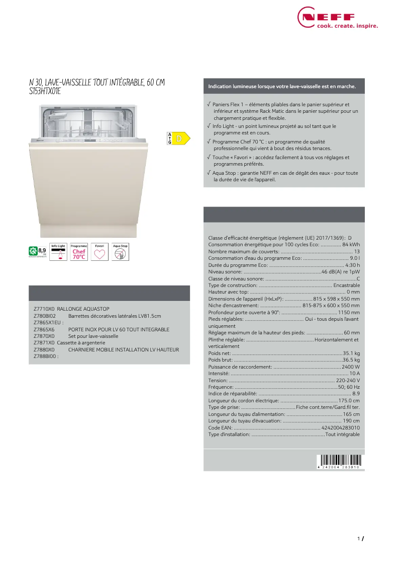 Page n°1 - Fiche technique Neff S153HTX01E