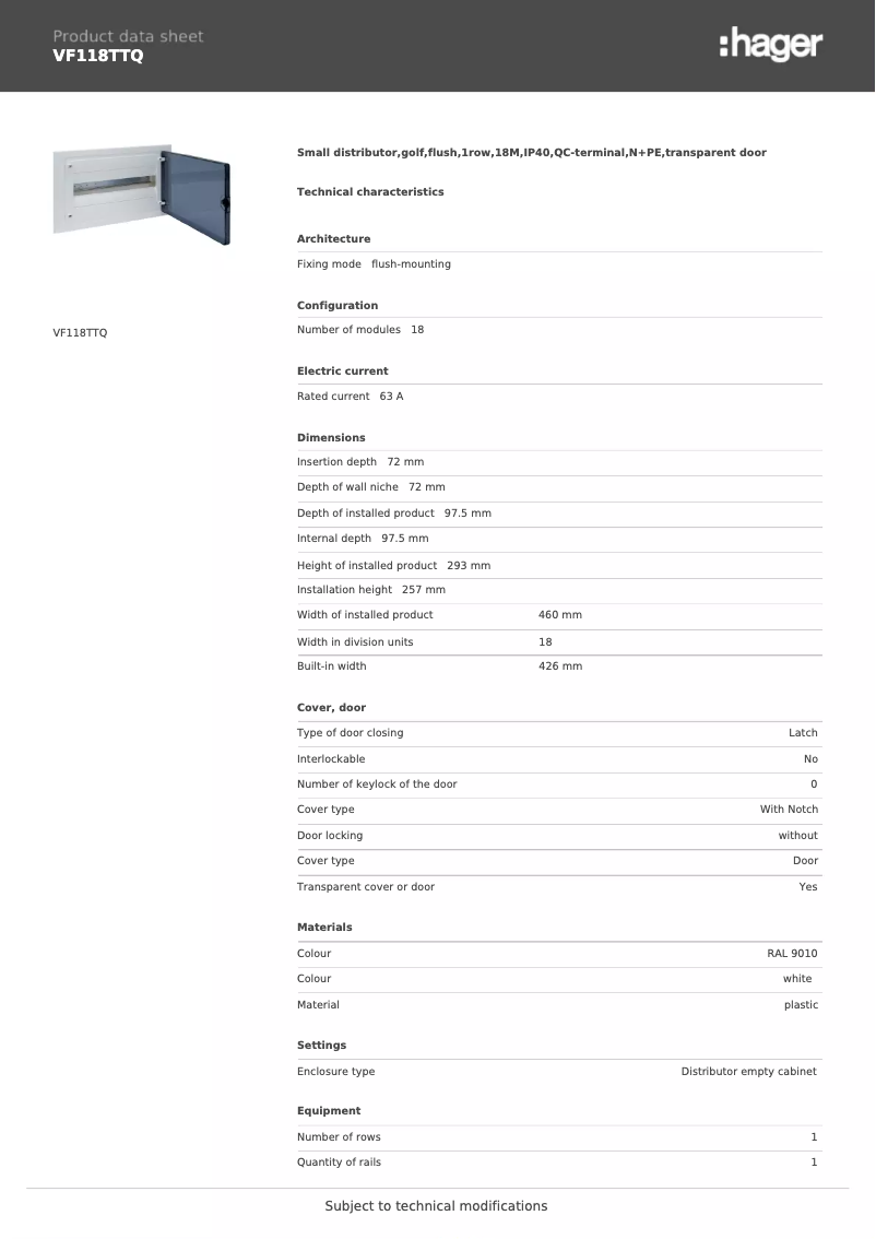 Page n°1 - Fiche technique Hager VF118TTQ