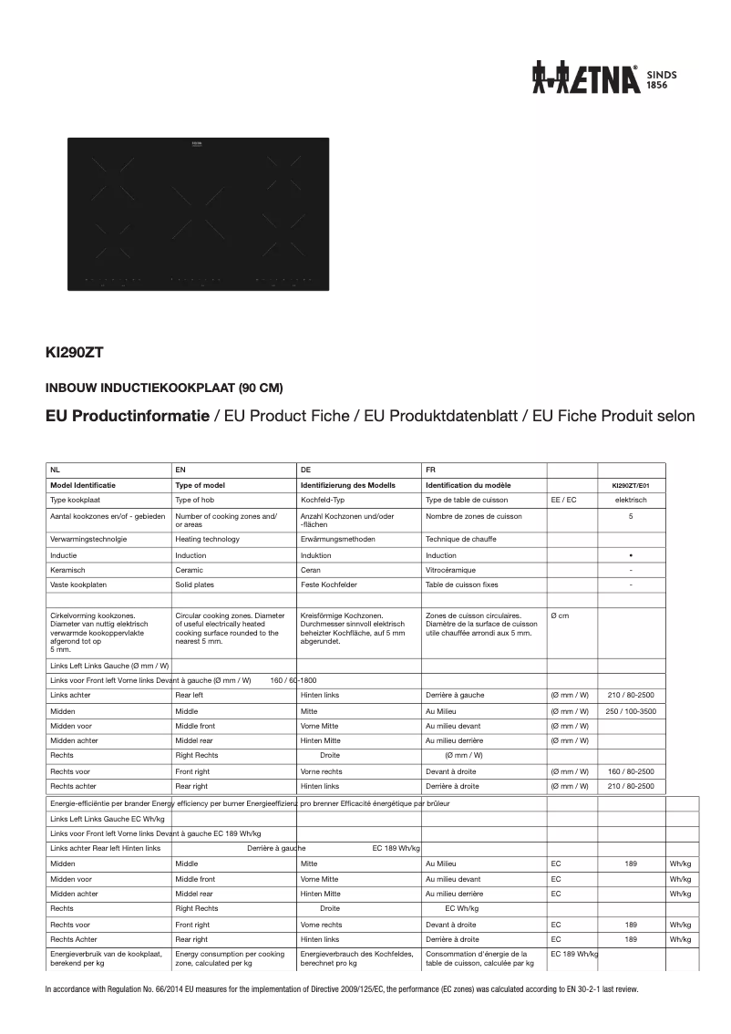 Page 1 de la notice Fiche technique Etna KI290ZT