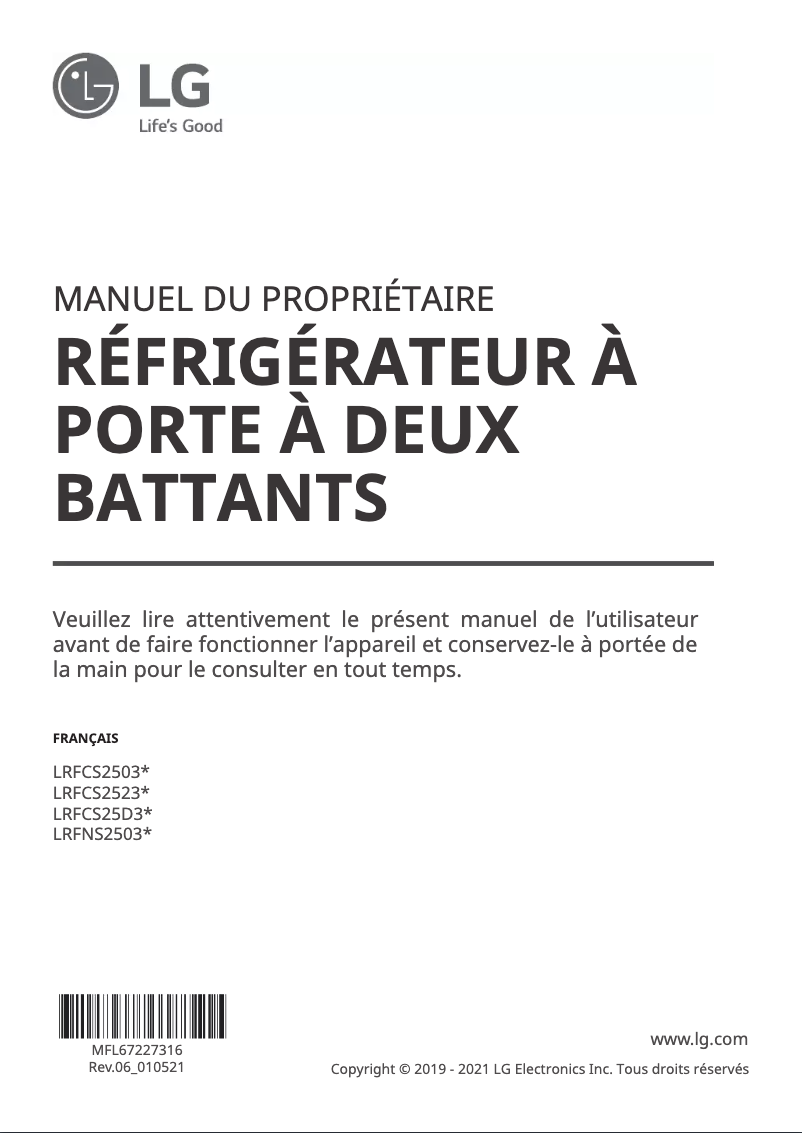 Imagen de la primera página del manual del dispositivo LRFCS2503W