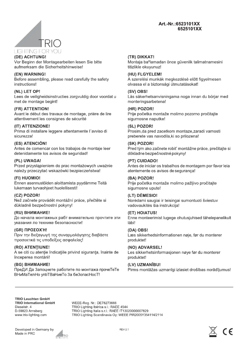 Page 1 de la notice Manuel utilisateur Trio Lighting Aura 652310106