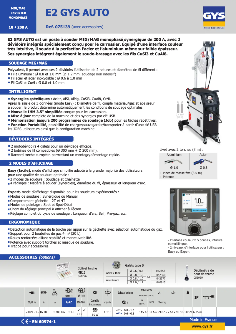 Page 1 de la notice Fiche technique GYS Auto E2