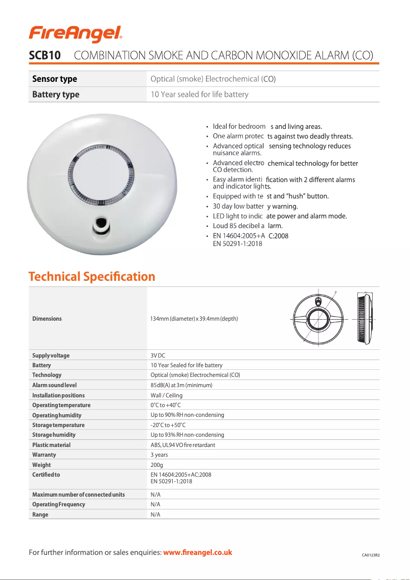 Page 1 of the manual Technical Sheet FireAngel SCB10-R