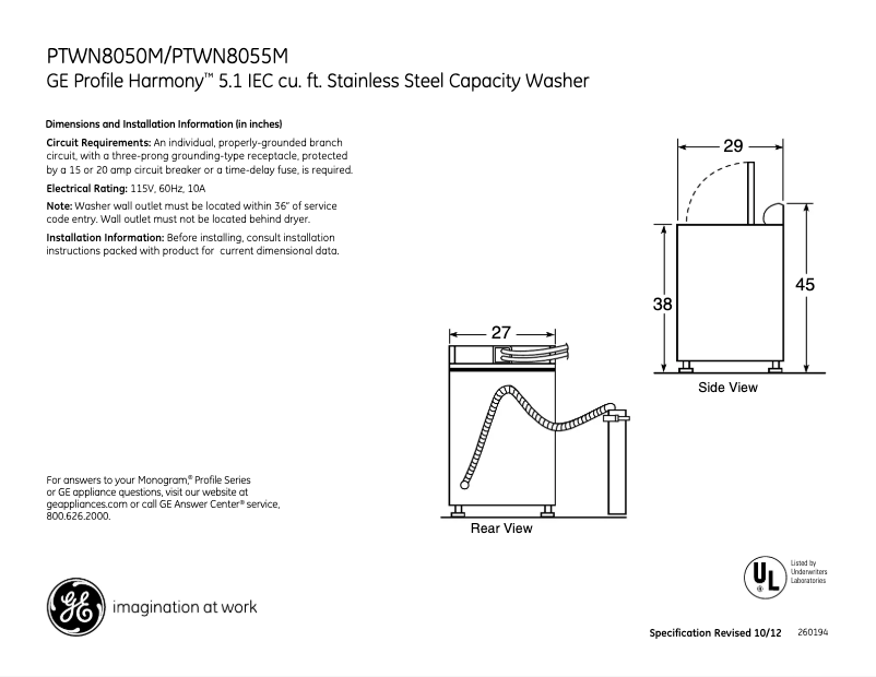 Page n°1 - Fiche technique GE Harmony PTWN8055MMS