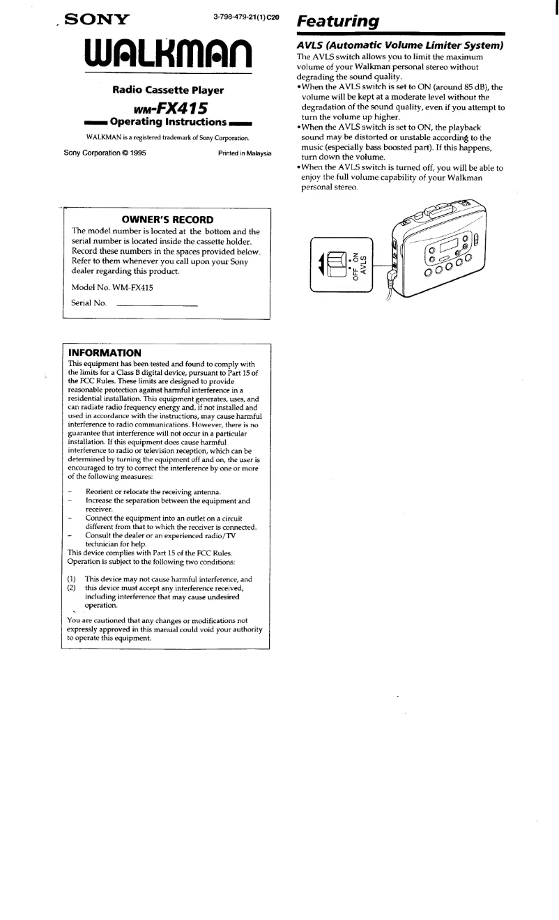 Page n°1 - Manuel utilisateur Sony Walkman WM-FX415
