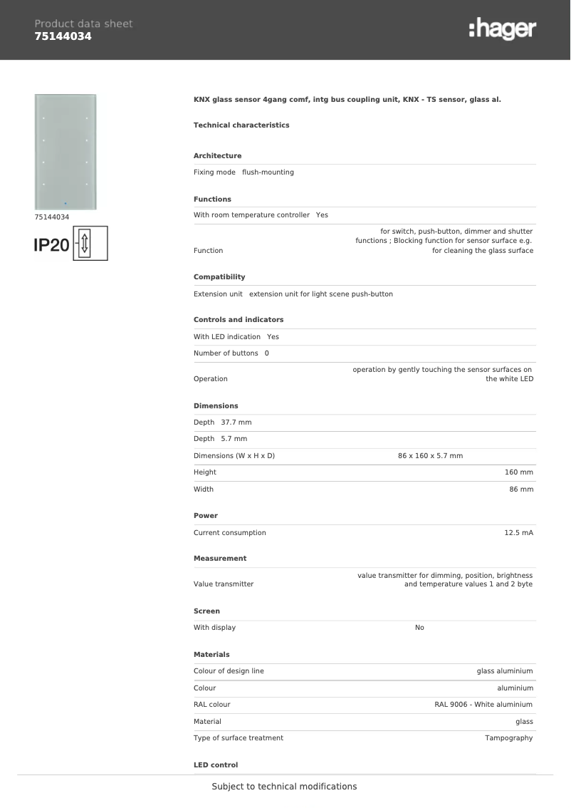 Page 1 de la notice Fiche technique Hager 75144034