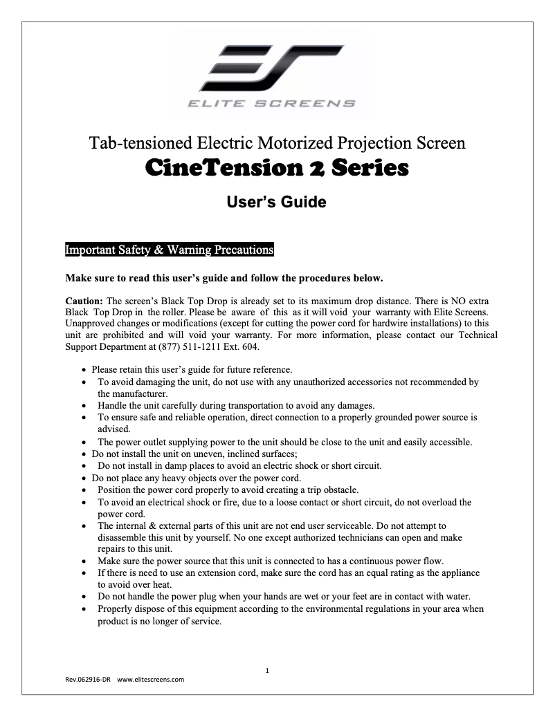 Page 1 de la notice Manuel utilisateur Elite Screens CineTension2 TE100HW2