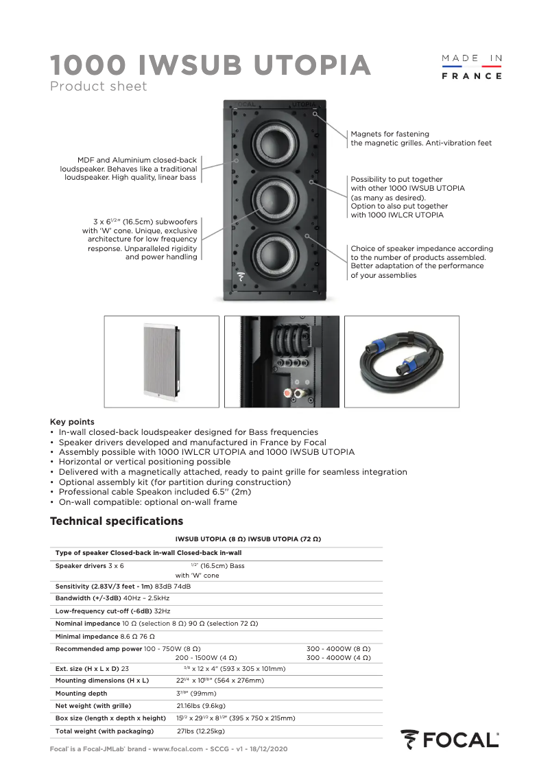 Page 1 de la notice Fiche technique Focal 1000 IWSUB Utopia