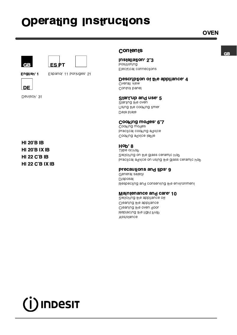 Page 1 de la notice Manuel utilisateur Indesit HI22CBIX