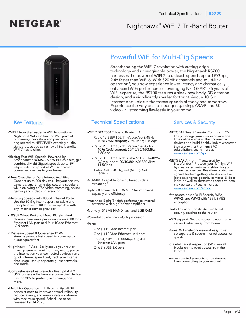 Page 1 de la notice Fiche technique Netgear Nighthawk RS700
