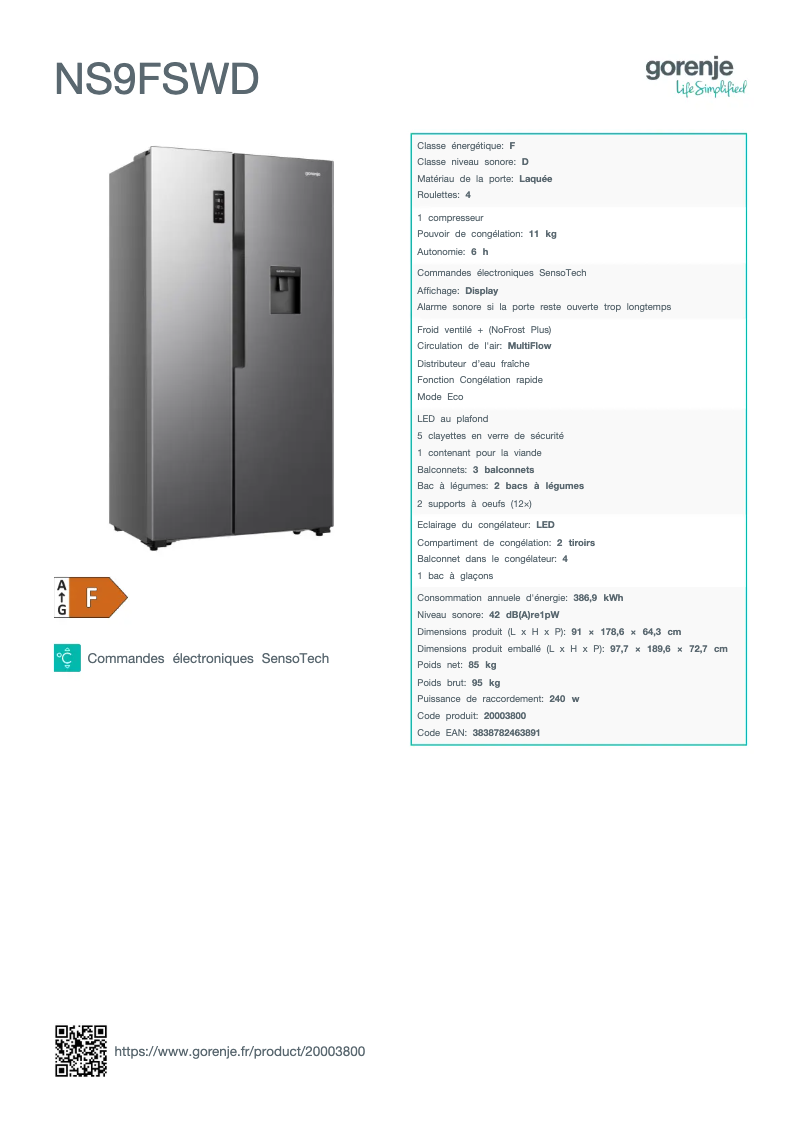 Page 1 de la notice Fiche technique Gorenje NS9FSWD