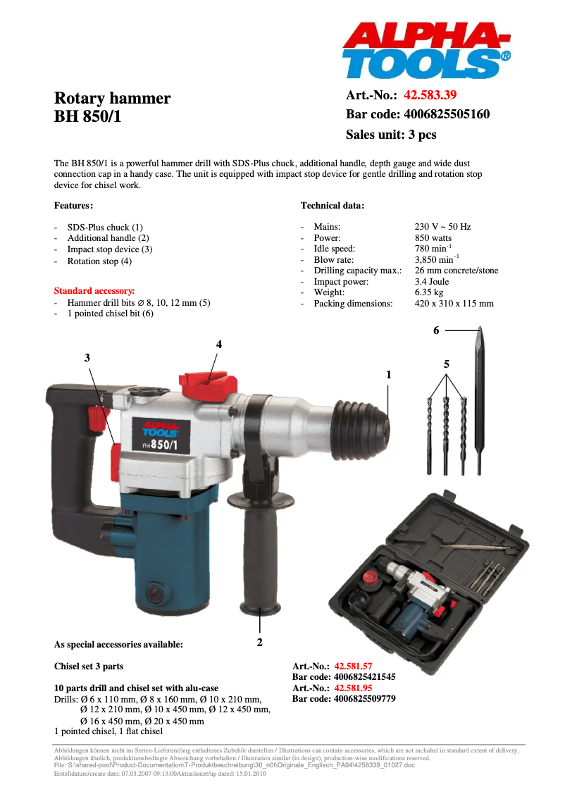 Página 1 del manual Ficha técnica Alpha Tools BH 850/1