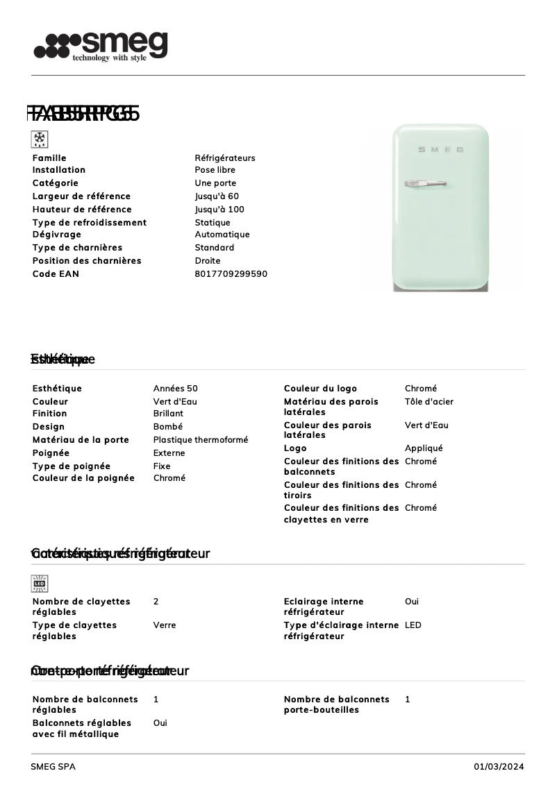 Page n°1 - Fiche technique Smeg FAB5RPG5