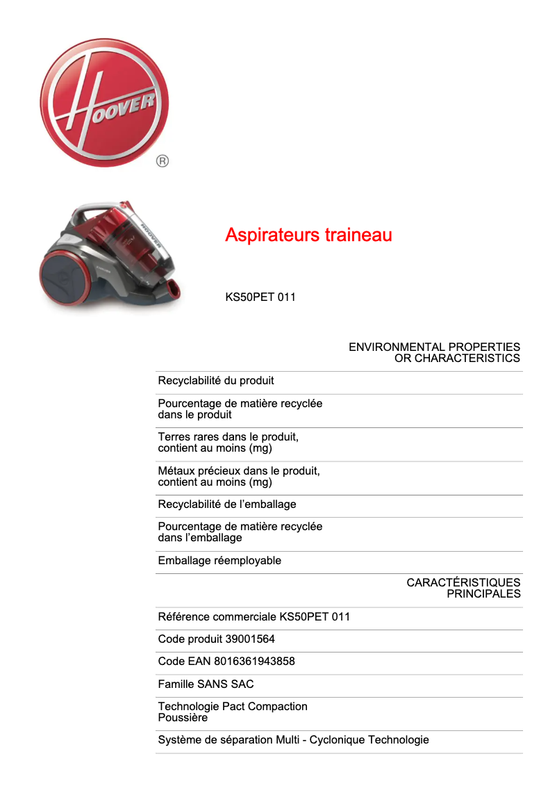 Page 1 de la notice Fiche technique Hoover Khross KS50PET 011