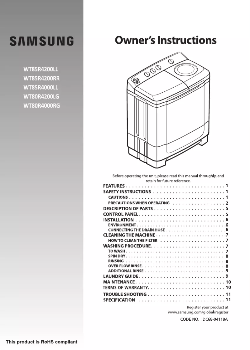 Page 1 de la notice Manuel utilisateur Samsung WT85R4000LL