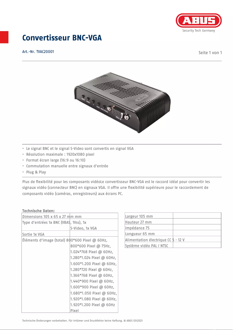 Page 1 de la notice Fiche technique Abus TVAC20001