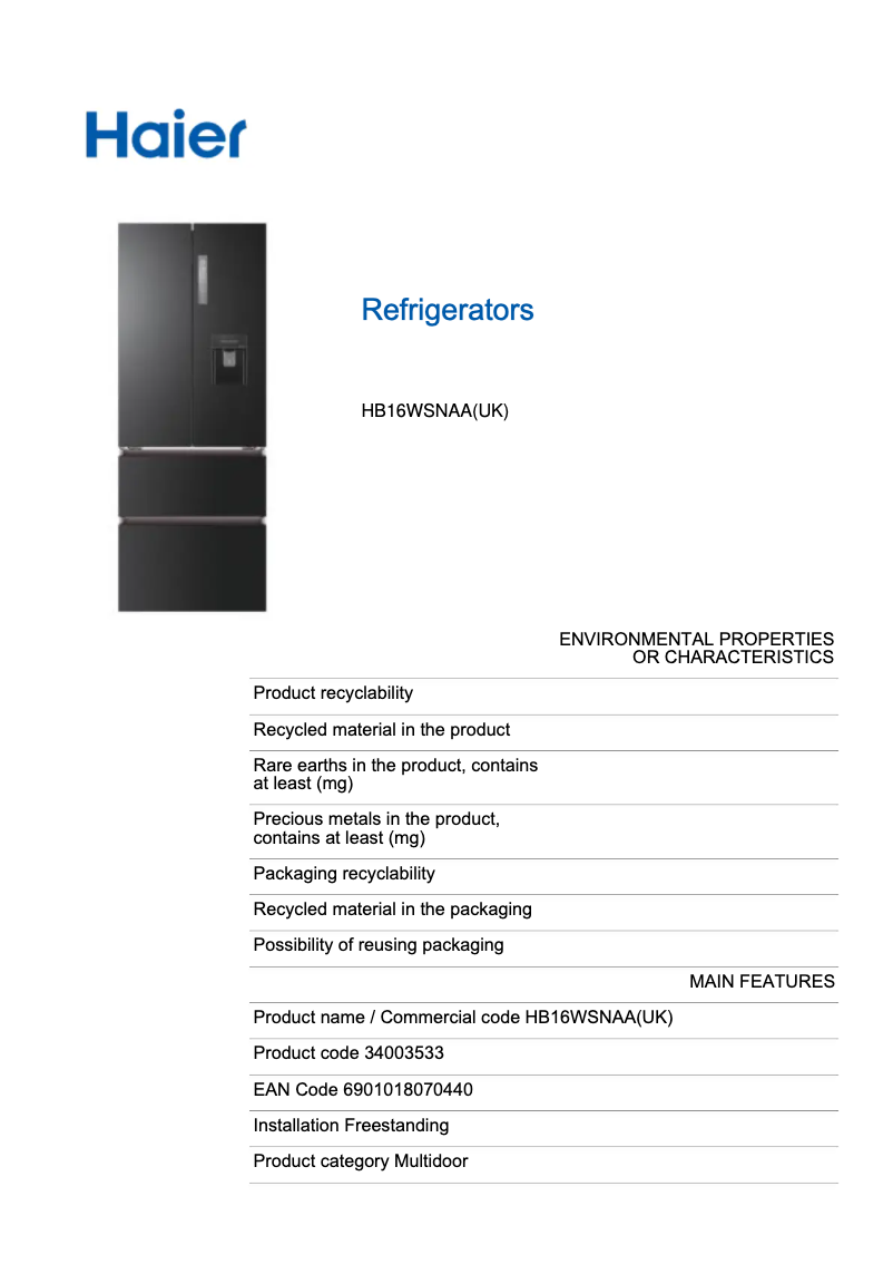 Page n°1 - Label énergétique Haier HB16WSNAA