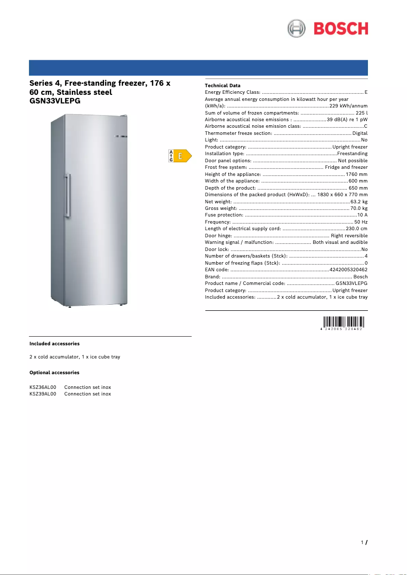 Page 1 de la notice Fiche technique Bosch GSN33VLEPG